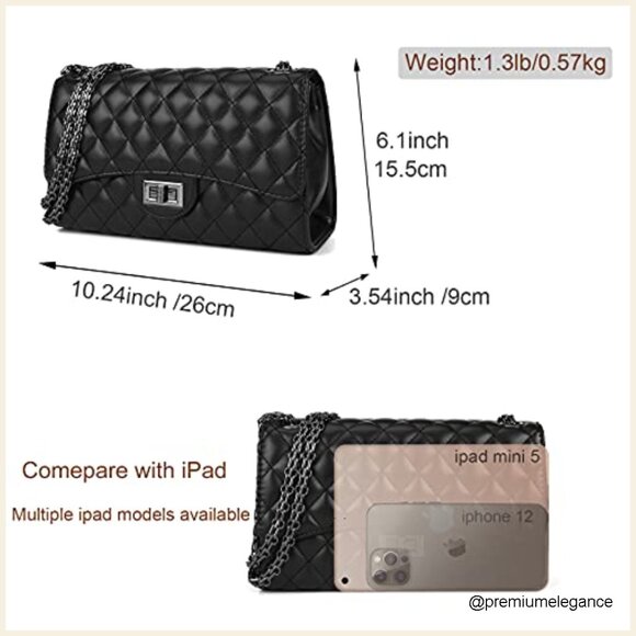 Quilted Crossbody Shoulder Bag with Chain Strap, Faux Leather, Medium Size - Picture 4 of 7